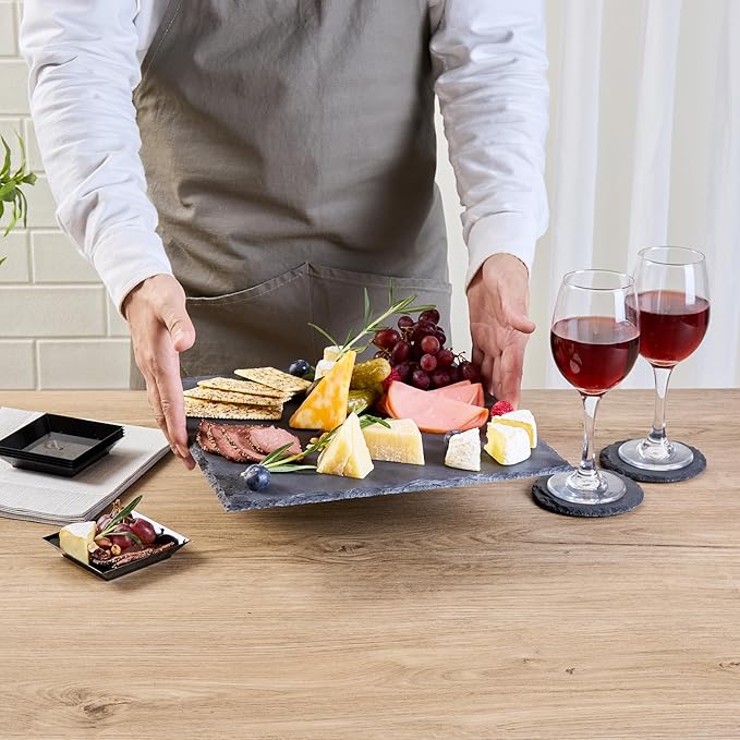 Restaurantware Slate Serving Trays 4 Pack of 12 x 12" Foam Feet Charcuterie Stone Plates Rustic Edges Freezable Black Square Serving Display Cheese Boards for Kitchen, Gourmet, Dining, Parties