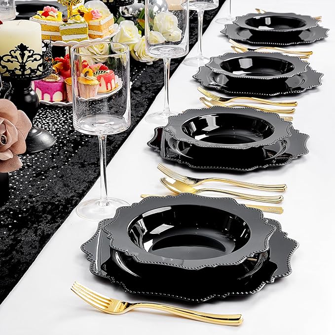 COLOSUS Black Plastic Party Bowls (60 Pack) 12 Oz Disposable Soup/Salad Bowl, Fancy Shatterproof Dinnerware for Catering, Holidays, Weddings, and Everyday Use