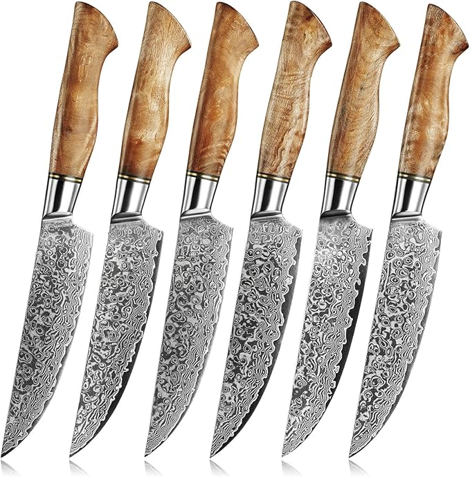 SENKEN 6-Piece Damascus Steel Steak Knife Set - Non-Serrated Steak Knives with Sycamore Wood Handles - The Dynasty Collection - 67-Layer Japanese VG10 Steel (6-Piece Steak Knife Set)