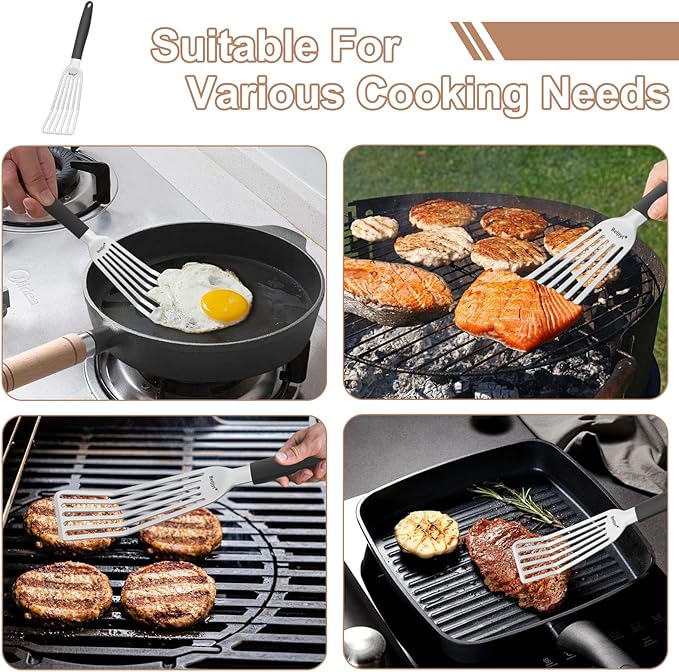 Beijiyi Fish Spatula Stainless Steel, 13.5" Large Metal Fish Spatula for Cast Iron Skillet Cooking and Grilling, Kitchen Slotted Turner with Full Tang Silicone Handle and Curved Blade