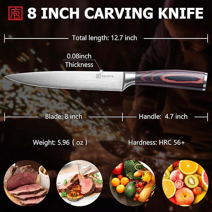 PAUDIN Carving Knife 8 inch, Ultra Sharp Brisket Slicing Knives, Premium Meat Cutting Knives German Stainless Steel, BBQ Knife with Ergonomic Handle, for Slicing Roast, Meats and Vegetables