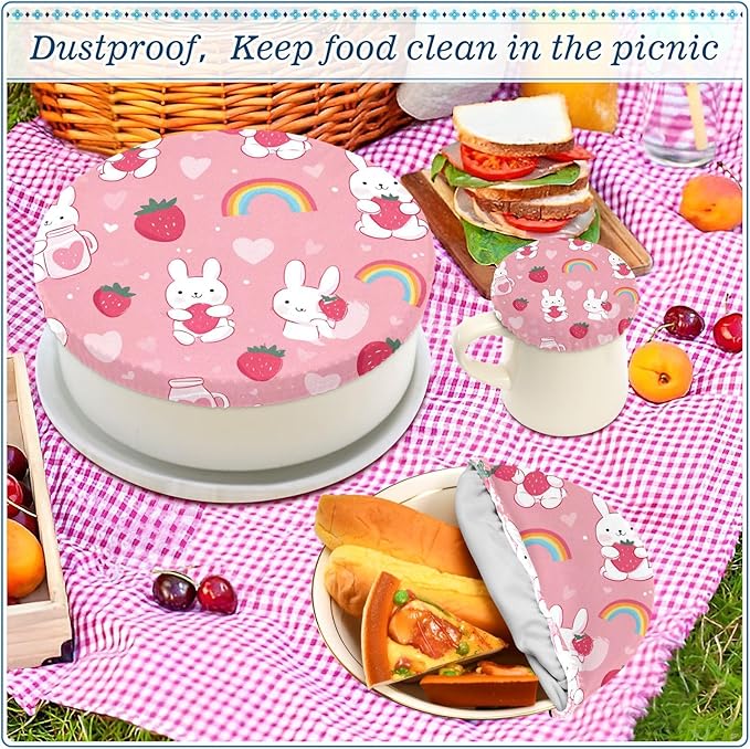 5 Pcs Bowl Covers Reusable in 5 Size Elastic Food Cover Cloth Lids Fresh Keeping Dish Cookware Bakeware Fabric Covers Lids for Food Leftovers Fruits Storage Cute Strawberry Rainbow Rabbit