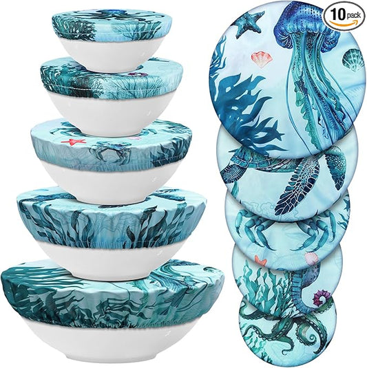 Patelai 10 Pcs Bowl Covers Reusable in 5 Size Stretch Cloth Fabric Elastic Food Storage Bowl Covers Bread Sourdough Lids for Proofing Food Fruits Leftover(Ocean)