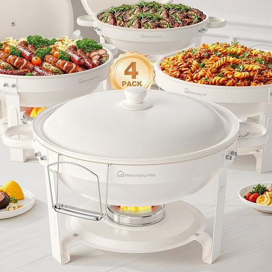 White Chafing Dishes for Buffet (5QT, 4Pack), Maifanite-Coated Round Chafers and Buffet Warmers Set w/Mirror-Polished Stainless Steel, Rolled Rim, Stackable, Lid Holder for Party, Wedding