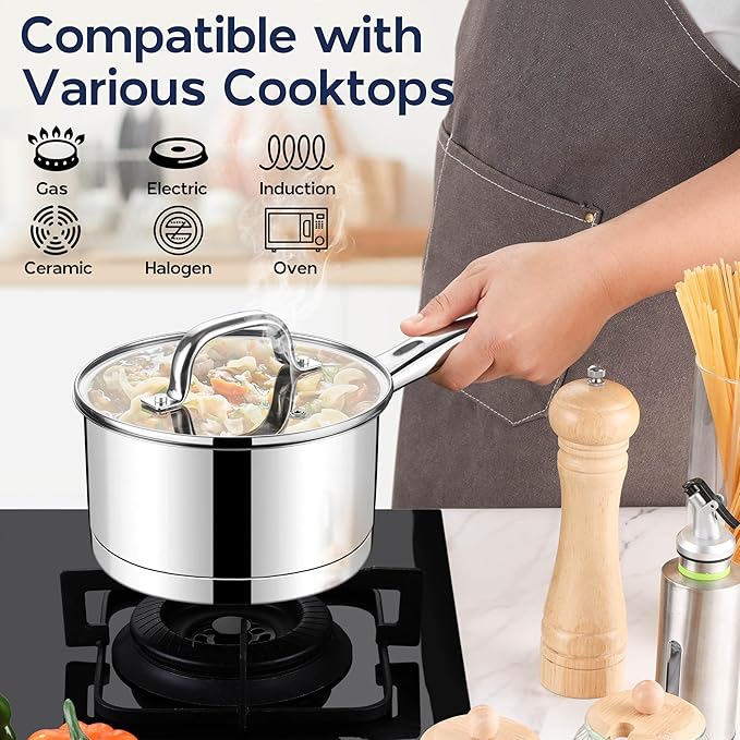 LIANYU Stainless Steel Saucepan Set, 1QT & 3QT Sauce Pan with Lid, Multipurpose Cooking Pot Set, Triply Bottom Milk Sauce Pan for Home Kitchen, All Stove Compatible, Dishwasher Safe