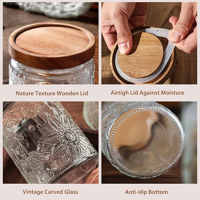 24 OZ Glass Storage Jar with Airtight Bamboo Wooden Lids, Vintage Food Containers Canisters Sets for Kitchen Counter Pantry, Sugar, Flour, Candy, Tea, Coffee Beans, Oats, Grain Bin, Pasta, Cereal