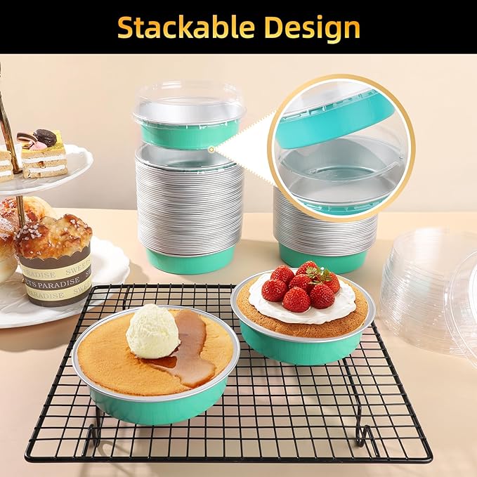 Beasea Mini Pie Pans with Lids, 120 Pack 4 Inch 8oz Disposable Mini Cake Pans Creme Brulee Aluminum Foil Pie Tart Ramekins Tins Elegant Blue Small Individual Round Containers Oven Safe for Baking