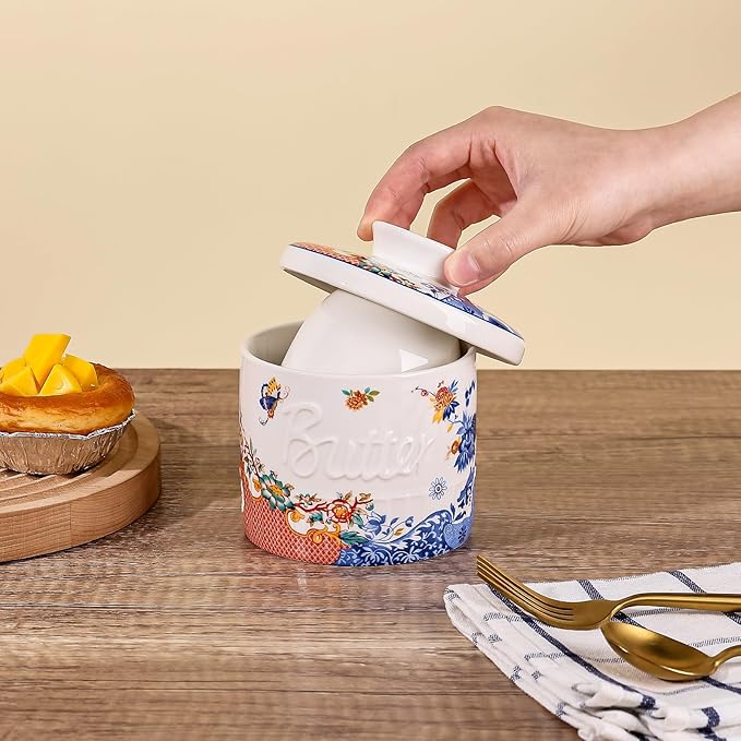 Butter Crock with Water Line, Ceramic Butter Keeper for Counter, French Butter Dish with Lid for Spreadable Fresh Butter (Orange and Blue Lotus)