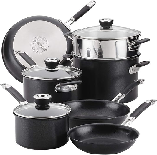 Anolon SmartStack Hard-Anodized Nesting Pots and Pans Set/Cookware Set, 10-Piece, Black
