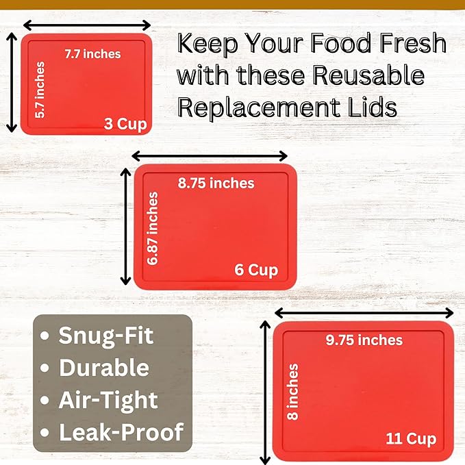 3, 6 & 11 Cup Red Replacement Lids/Covers for Pyrex, Anchor Hocking & KlareWare Storage Bowls *Lids Only Glass Container Not Included* (3 Pack *One of Each Size*)