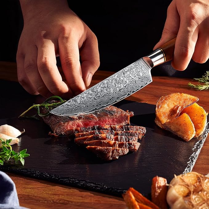 SENKEN 6-Piece Damascus Steel Steak Knife Set - Non-Serrated Steak Knives with Sycamore Wood Handles - The Dynasty Collection - 67-Layer Japanese VG10 Steel (6-Piece Steak Knife Set)