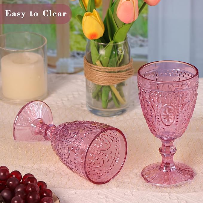 Pink Wine Glasses set of 4, Pink Goblets, Vintage Drinking Glassware, Colored Glassware Set for Party Home Wedding Baby Shower