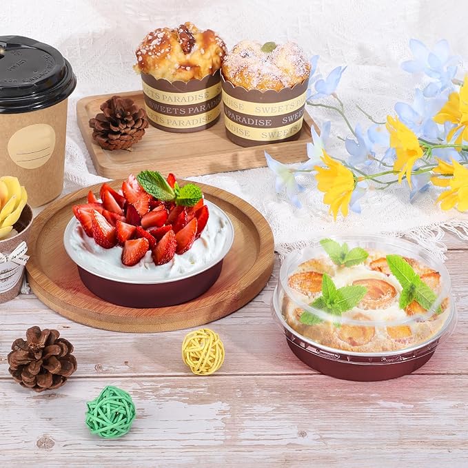 Beasea Disposable Mini Pie Tins with Lids, 100 Pack 4” 7.3oz 215ml Small Round Aluminum Baking Tart Foil Container for Individual Dessert Cupcake Cheesecake Ramekin Quiche Oven Dishes - Wine Red