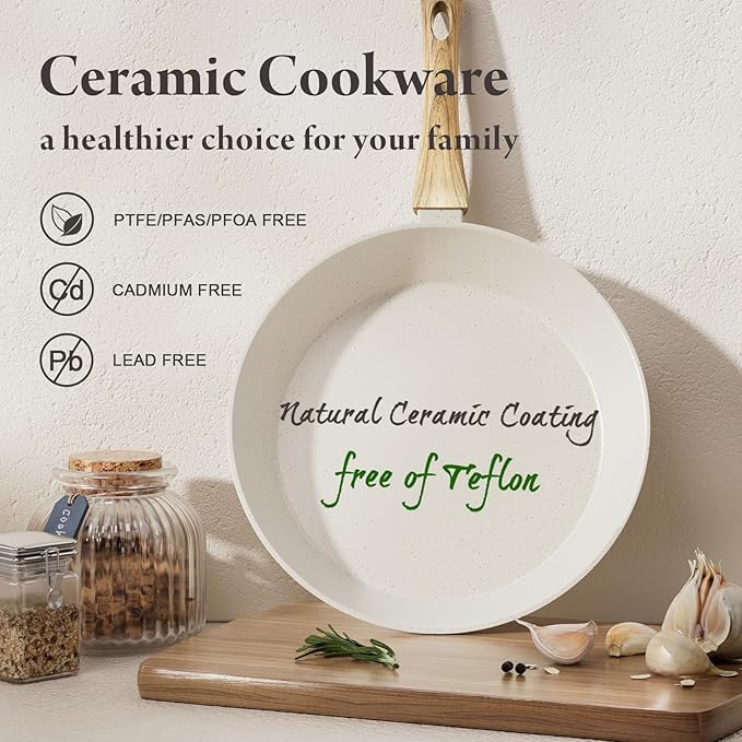 25 Pcs Pots and Pans Set Non Stick Ceramic Cookware Set, Healthy Non Toxic Kitchen Cookware with Mini Egg Pan, Large Capacity, Induction Compatible, PFAS/PTFE/PFOA/PFOS Free, Cream White