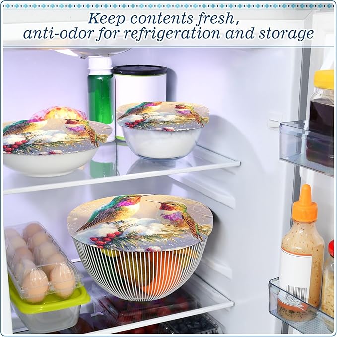 5 Pcs Bowl Covers Reusable in 5 Size Elastic Food Cover Cloth Lids Fresh Keeping Dish Cookware Bakeware Fabric Covers Lids for Food Leftovers Fruits Storage Winter Hummingbirds and Pine Tre
