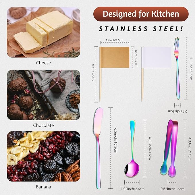 Patelai Cheese Butter Spreader Knives Set Charcuterie Accessories Stainless Steel Spreader Knives Charcuterie Boards Utensils Mini Serving Tongs Spoons and Forks for Appetizers Pastry(Rainbow Color)