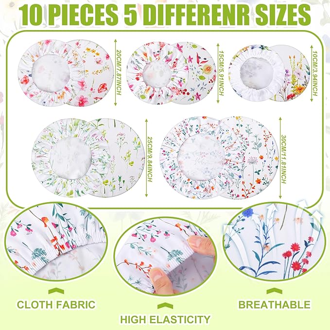 Patelai 10 Pcs Bowl Covers Reusable in 5 Size Stretch Cloth Fabric Elastic Food Storage Bowl Covers Bread Sourdough Lids for Proofing Food Fruits Leftover (Spring Style)