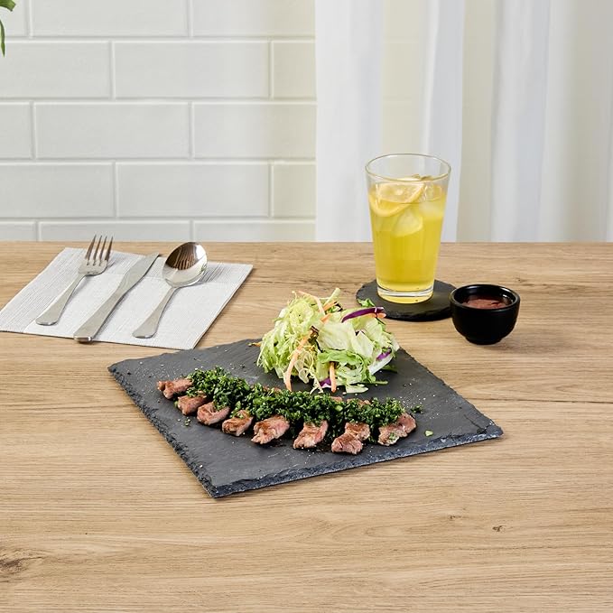 Restaurantware Slate Serving Tray 1 Pack of 10 x 10" Foam Feet Charcuterie Stone Plate Rustic Edges Freezable Black Square Serving Display Cheese Board for Kitchen, Gourmet, Dining, Parties