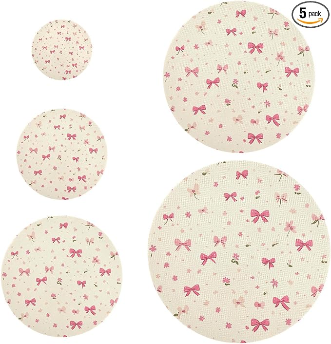 5 Pcs Bowl Covers Reusable in 5 Size Elastic Food Cover Cloth Lids Fresh Keeping Dish Cookware Bakeware Fabric Covers Lids for Food Leftovers Fruits Storage Beige Flower Pink Bows
