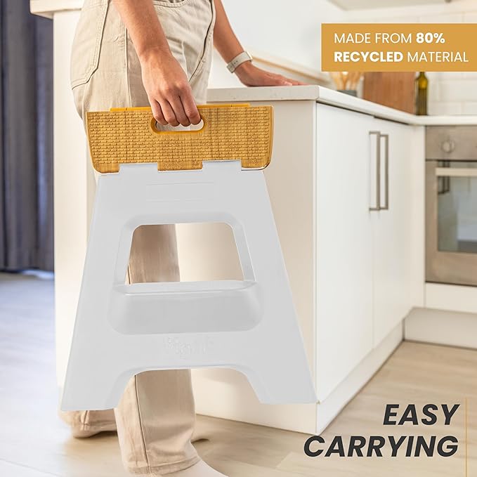 Vigar Compact Step Stool Foldable, 16-inch Two-Step Stools for Adults up to 330 Pound, Lightweight Stool, Non-Slip Folding Step Stool, Grey, Bamboo Print on Top