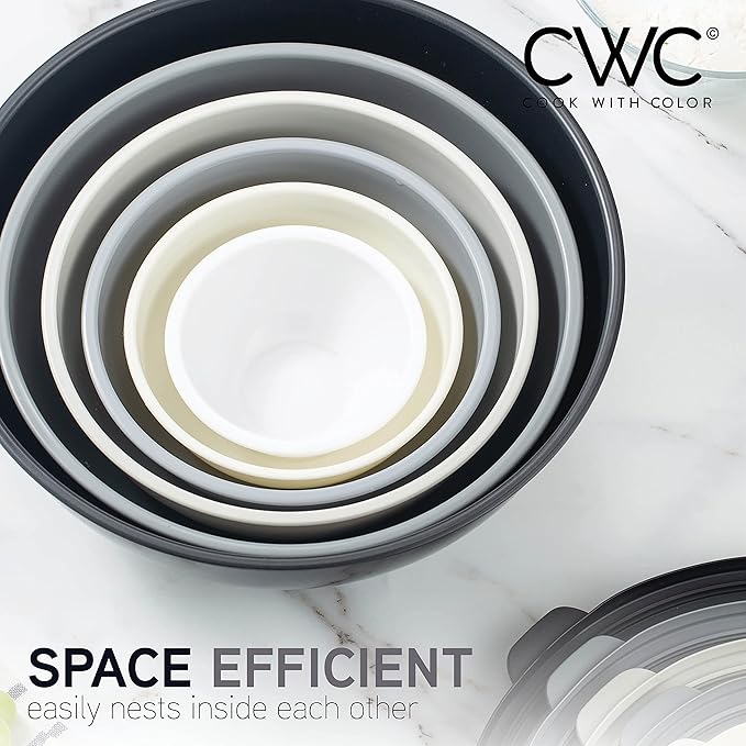 COOK WITH COLOR Mixing Bowls with TPR Lids - 12 Piece Plastic Nesting Set includes 6 Prep and Lids, Microwave Safe Bowl (Black Ombre)