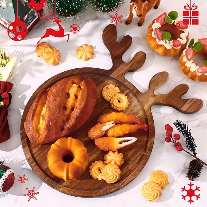3 Pcs Christmas Appetizer Platter 12 Inch Cutting Board Acacia Serving Trays Wood Charcuterie Board Tray Snack Dessert Candy Dish Plate for Kitchen Gifts (Deer Antler)