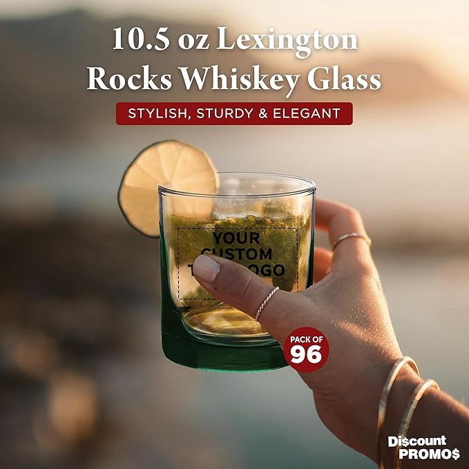 Custom Lexington Rocks Whiskey Glass 10.5 oz, Set of 96, Personalized Bulk Pack - Perfect for Scotch, Bourbon, Whiskey, Cocktail - Green