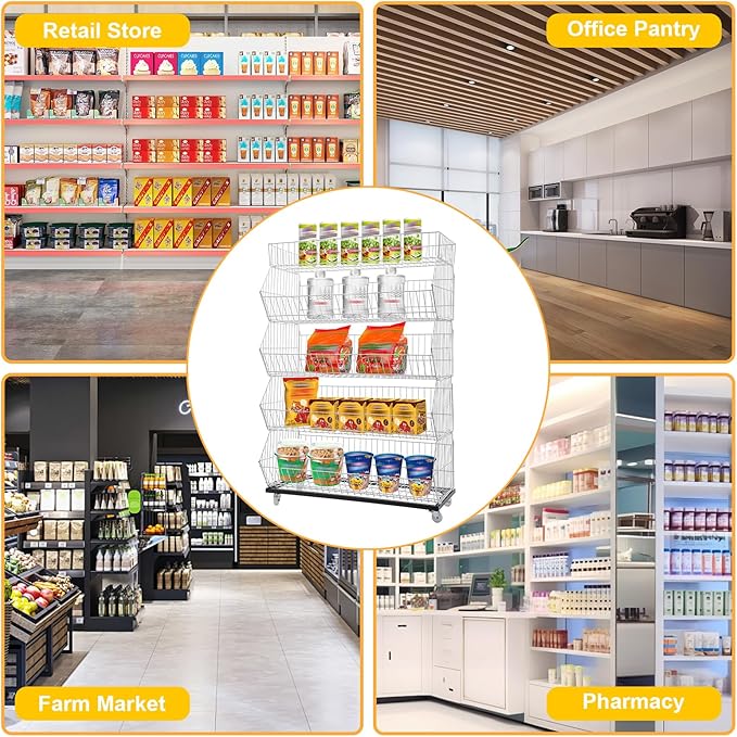 Retail Display Rack 5-Tier Market Merchandise Display Shelf Fruit Storage Shelf Vegetable Snack Basket Retail Store Supplies with Wheels for Home Store Market (18" D X 35" W X 55" H-White)