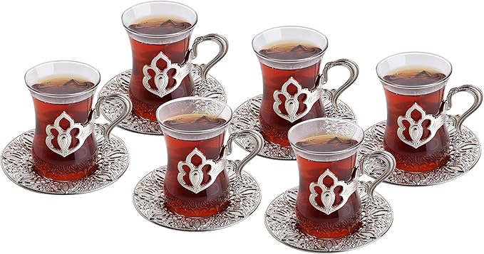 Alisveristime (SET OF 6) Turkish Tea Set with Zamac Holders, Glass Cups, and Saucers, 100ml Capacity, Elegant Serving Set in Gold and Silver (Harman) (Silver)