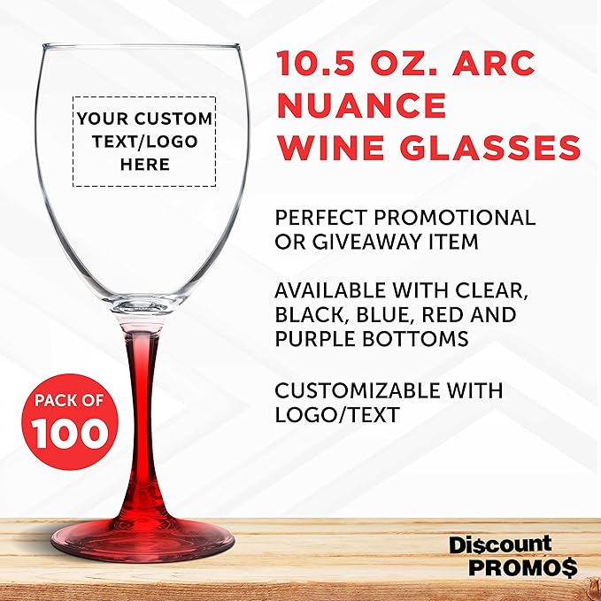 Custom Nuance Wine Glasses by ARC 10.5 oz. Set of 100, Personalized Bulk Pack - Restaurant Glassware, Perfect for Red Wine, White Wine, Cocktails - Red