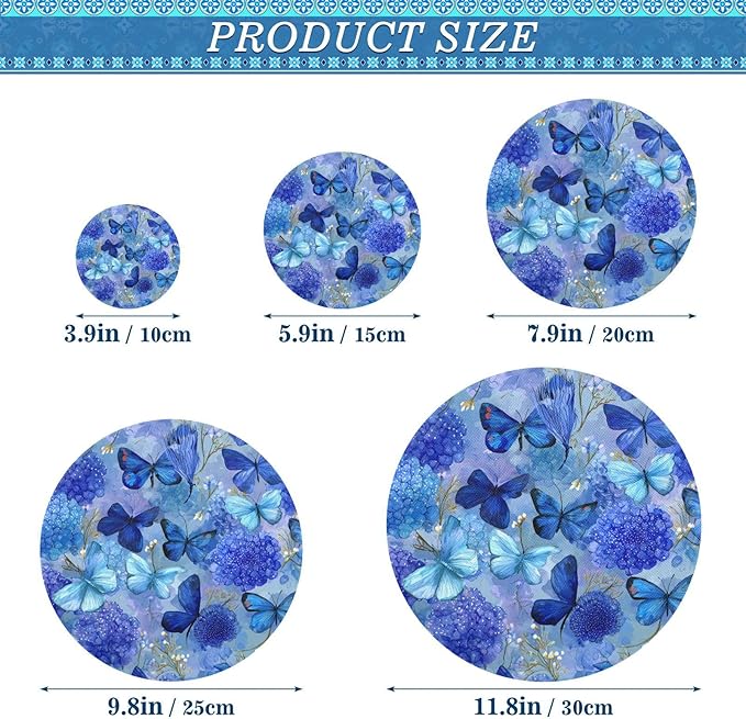5 Pcs Bowl Covers Reusable in 5 Size Elastic Food Cover Cloth Lids Fresh Keeping Dish Cookware Bakeware Fabric Covers Lids for Food Leftovers Fruits Storage Ink Blue Hydrangea Butterfly