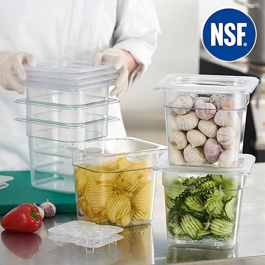 CURTA 6-Pack 1/6 Size 6" Deep NSF Polycarbonate Food Pans with Handled Lids & Drain Trays | Dishwasher & Freezer Safe Clear Container for Prep Tables, Buffet, Salad Bar, Commercial Kitchen