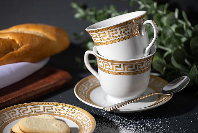 Porcelain Tea Cup and Saucer Set - 4 Piece Vintage Tea Set - White with Gold Greek Key Design - 5.5 Inch Saucers, 6.5 oz Cups - For TeaParties, Cappuccino, Home Decor (Meander Gold 3004, 4 Piece)