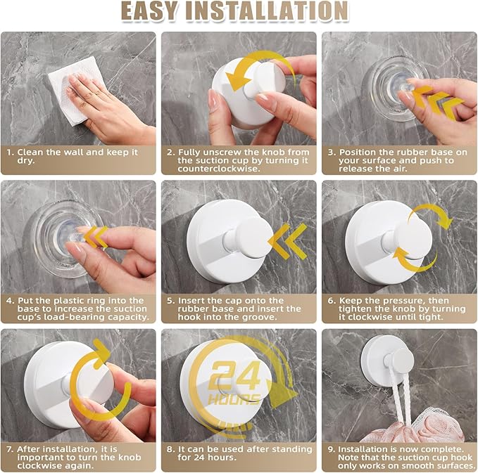 Suction Cup Hooks for Shower No-Drill Bathroom Hooks for Towels, Robes, Loofah Mountable on Bathroom Walls, Kitchen, Glass, Mirrors, Tile and Smooth,Non-Porous Surfaces (2, White)