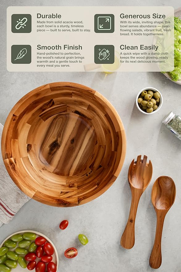 Acacia Wood Salad Bowl Set with Spoon, Fork - Large Salad Bowl with Serving Utensils - Big Mixing Bowl for Fruits, Salad, Pasta (12.2" Diameter x 4.75" Height) (Acacia color)