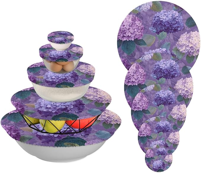 5 Pcs Bowl Covers Reusable in 5 Size Elastic Food Cover Cloth Lids Fresh Keeping Dish Cookware Bakeware Fabric Covers Lids for Food Leftovers Fruits Storage Purple Cute Hydrangeas