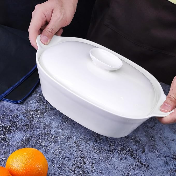 Casserole Dish with Lids, 2 Quart French White Ceramic Tureens, 12.8" x 7.9" Baking Dish, Serving Tureen Soup, for Casseroles, Lasagna Cookware Set, Microwave, Oven Safe
