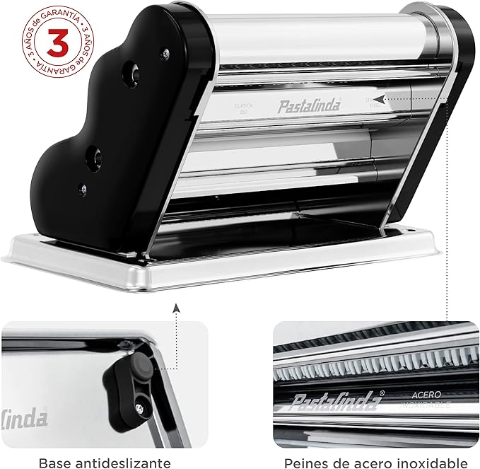 PASTALINDA Classic 260 Pasta Maker Machine, 26 cm Wide Rollers, 9 Thickness Positions, 2 Cutting Positions, Stainless Steel. Includes Reinforced Hand Crank And Two Clamps (Black)