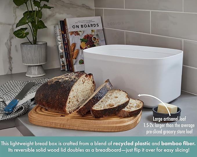 Sonder Los Angeles, Modern Bamboo Fiber and Recycled Plastic Bread Box (White) for Kitchen Countertop with Reversible Cutting Board Lid, Homemade Bread Bin Storage Container 14.25 x 9.25 x 7 in