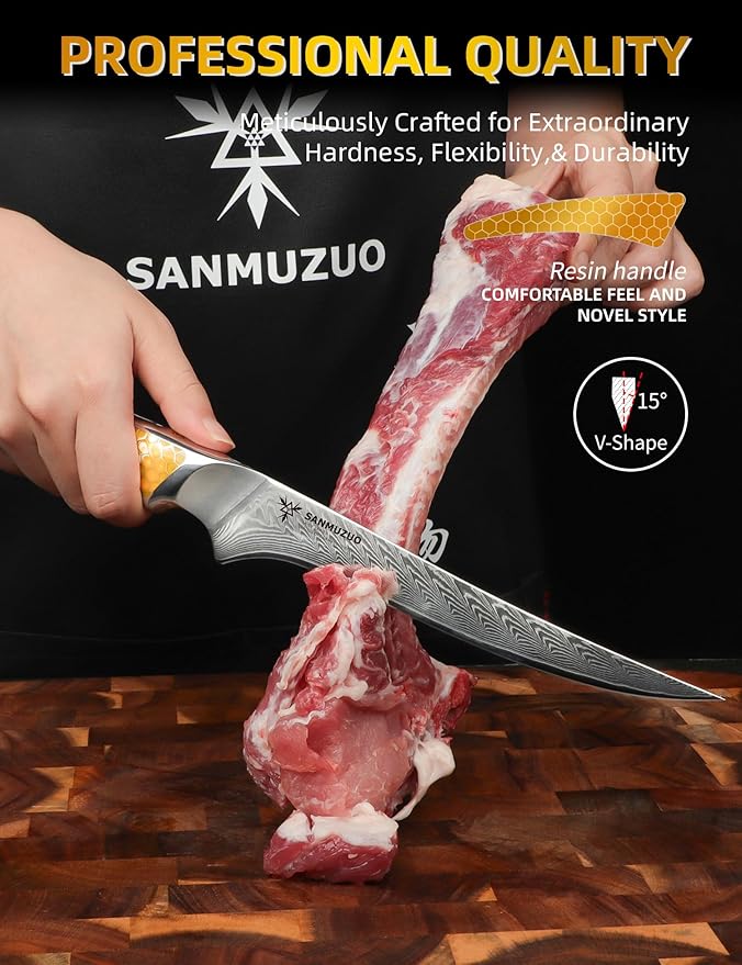 7 Inch Fillet Knife, Japanese VG-10 Damascus Steel Kitchen Fish Knife, Ultra Sharp Boning With Full-tang Handle in Yellow Resin, LA-S9 Series