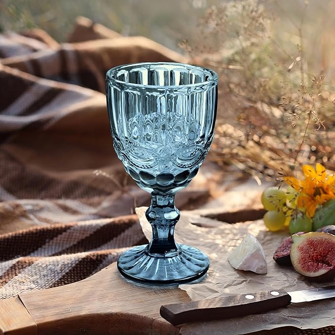 Joeyan Blue Vintage Wine Glasses,Clear Water Goblet Glasses,Stemmed Drinking Glasses with Embossed Pattern,Colored Glassware Set for Wedding Party Banquet Feast,10 oz,Set of 4,Dishwasher Safe