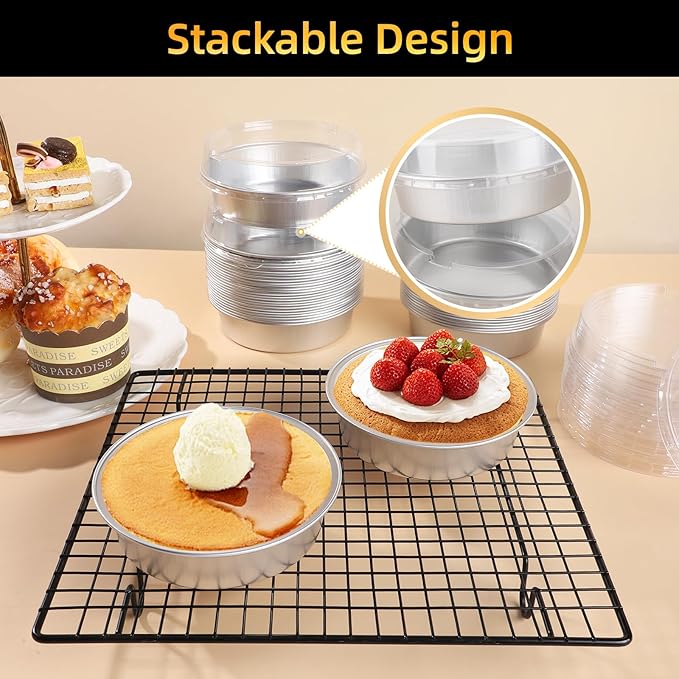 Beasea Mini Ramekins with Lids, 50 Pack 4 Inch 8oz Disposable Aluminum Foil Cake Baking Tins Pans Creme Brulee Tart Pie Tins Silver Small Individual Round Containers Oven Safe for Baking