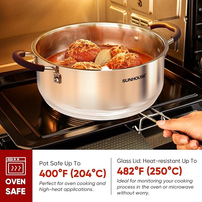 SUNHOUSE - 5.5 Quart Steamer Pots With Lid 2-Tier Multipurpose Stainless Steel Steaming Pot Cookware With Handle For Vegetable, Dumpling, Sauce, Food - Triple Bottom, Measurement Line