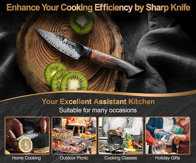 XINZUO Kitchen Paring Knife 4.2 Inch,Razor Sharp Hand Forged Damascus Steel Small Kitchen Knife For Peeling Coring Fruit With Ergonomic Handle