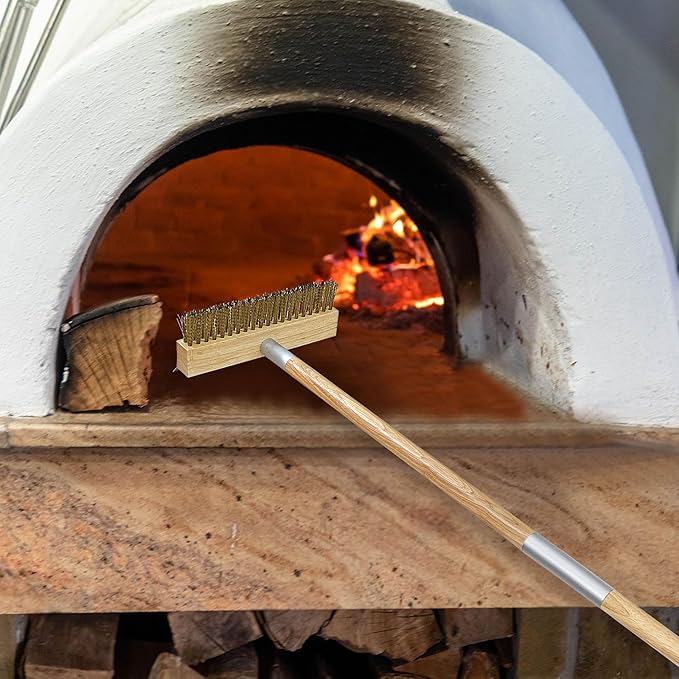 Pizza Oven Brush Brass Bristles with Steel Scraper 60 Inch Long Wood Handle Outdoor Pizza Oven Tool