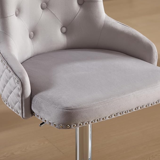 Velvet Lion Bar Stools Set of 6, Modern Height Adjustable Swivel Barstools with Chrome Base, Tufted Counter Height Bar Stools Upholstered Bar Chairs for Kitchen Island, Dining Room, Grey