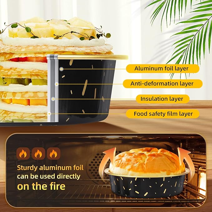Beasea Pie Tins with Lids 8oz, 120 Pack 4 Inch Disposable Mini Creme Brulee Ramekins Gold Black Small Aluminum Foil Pie Tart Cake Baking Pans Individual Round Containers Oven Safe for Baking
