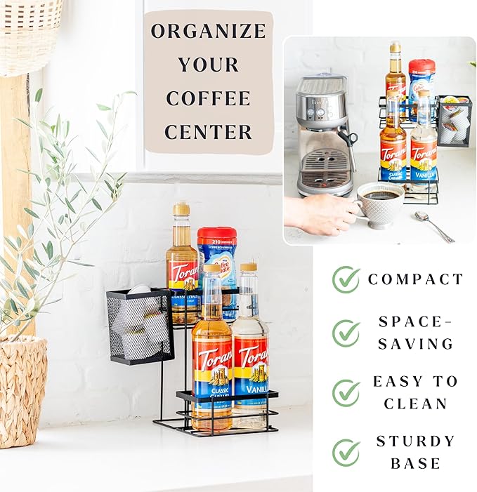 Bella Beau Coffee Syrup Organizer, Coffee Syrup Dispenser, w/Moveable Mesh, Syrup Rack, Tea Station Stand for Countertop, Holds 4 Bottles, Tea Bar Accessories for Countertop