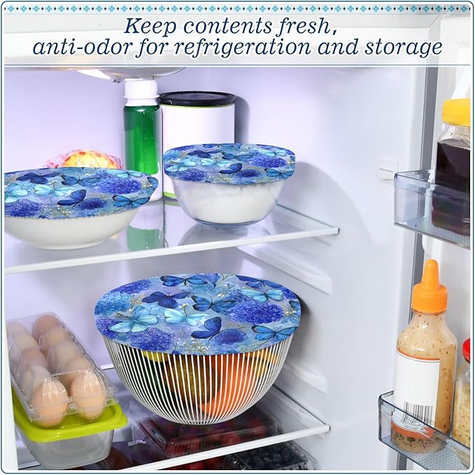 5 Pcs Bowl Covers Reusable in 5 Size Elastic Food Cover Cloth Lids Fresh Keeping Dish Cookware Bakeware Fabric Covers Lids for Food Leftovers Fruits Storage Ink Blue Hydrangea Butterfly