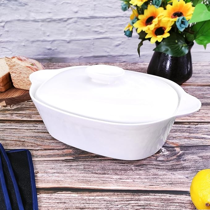 Casserole Dish with Lids, 2 Quart French White Ceramic Tureens, 12.8" x 7.9" Baking Dish, Serving Tureen Soup, for Casseroles, Lasagna Cookware Set, Microwave, Oven Safe